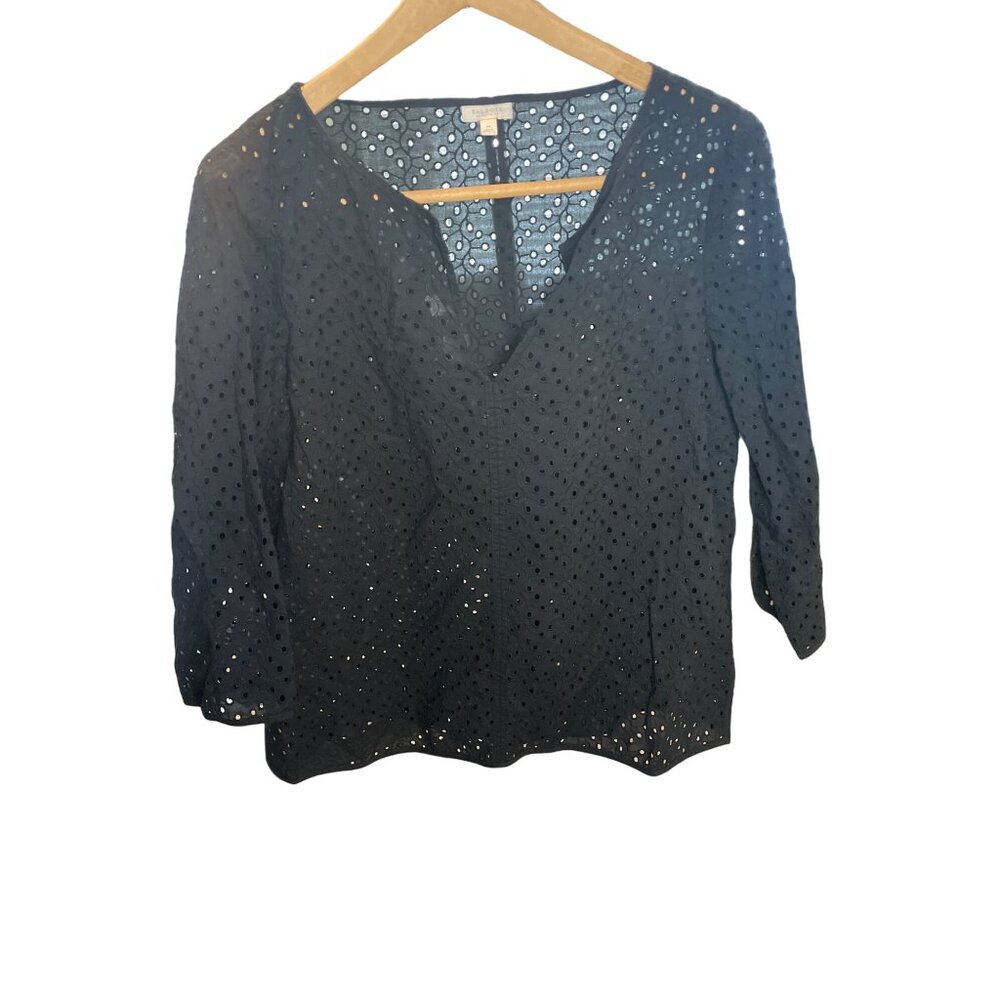 Talbots Petite Black Eyelet Embroidered Three-Quarter Sleeve Deep-V Blouse SZ M